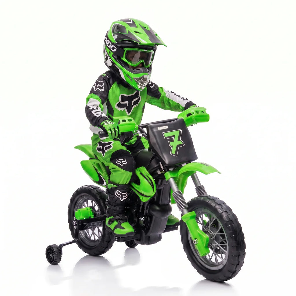 12V Kids Electric Motorcycle with Training Wheels, Dual Motors, 3–5 MPH – Green