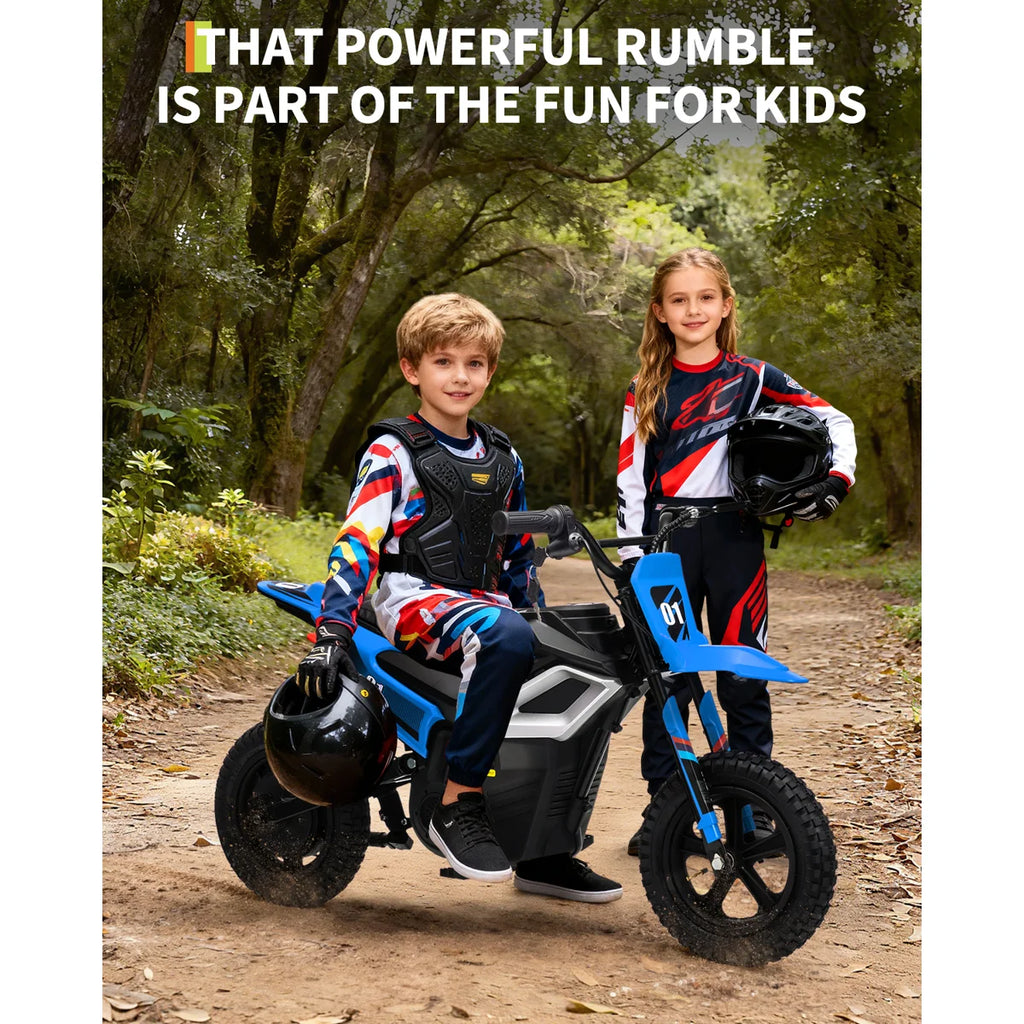 24V Kids Electric Dirt Bike, 350W Motor, 14 MPH, Disc Brake & Bluetooth – Blue