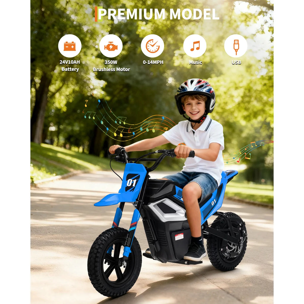 24V Kids Electric Dirt Bike, 350W Motor, 14 MPH, Disc Brake & Bluetooth – Blue