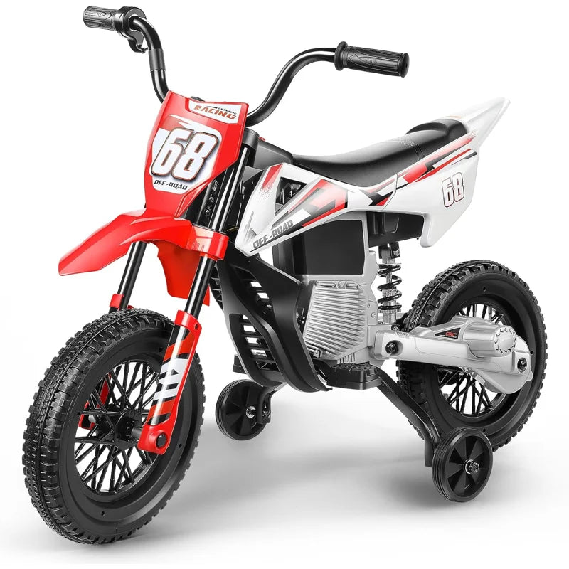 Alex 12V Kids Ride-On Dirt Bike with Training Wheels, Bluetooth, Music & Suspension – Red
