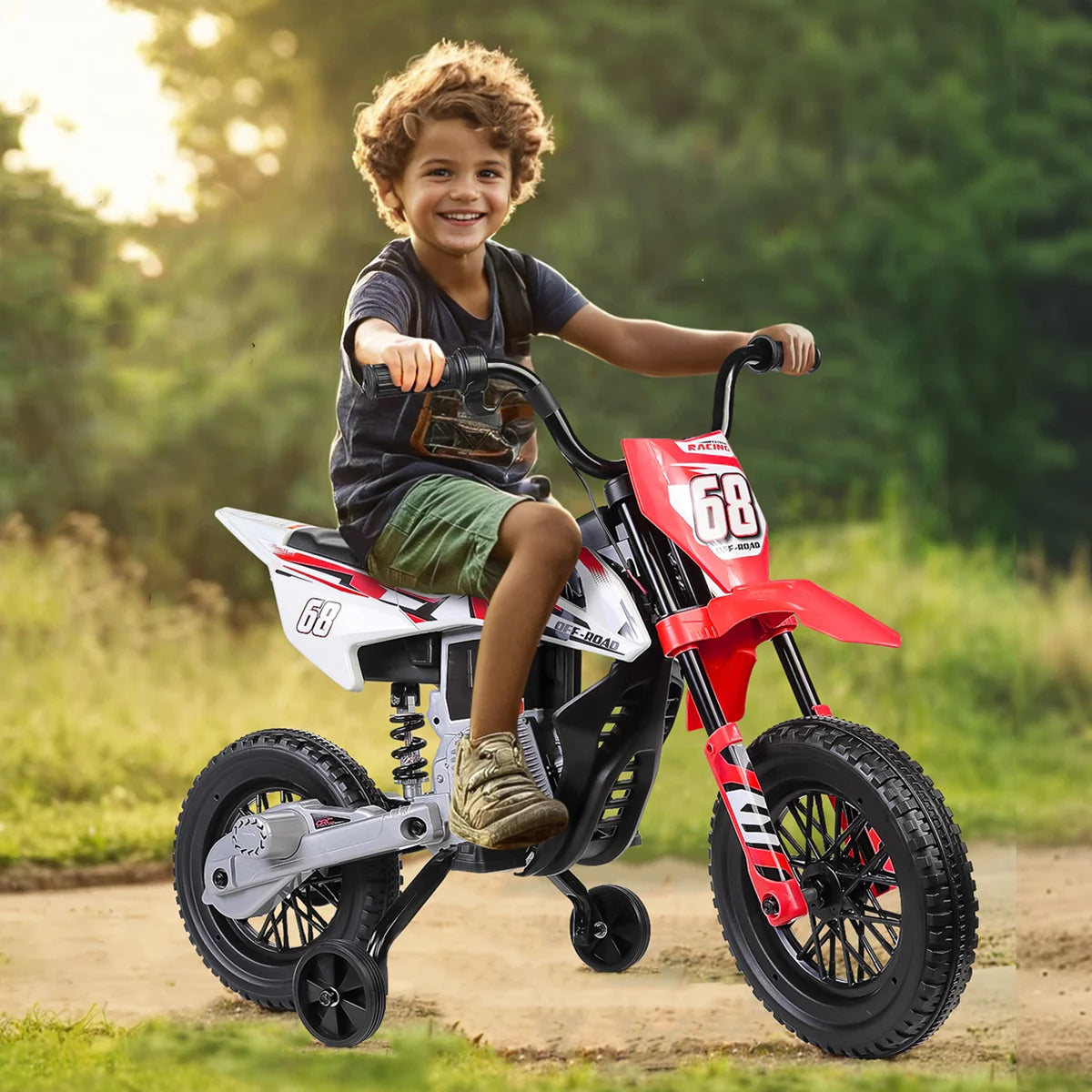 Alex 12V Kids Ride-On Dirt Bike with Training Wheels, Bluetooth, Music & Suspension – Red