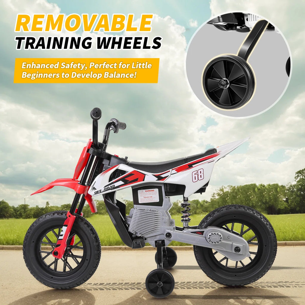 Alex 12V Kids Ride-On Dirt Bike with Training Wheels, Bluetooth, Music & Suspension – Red
