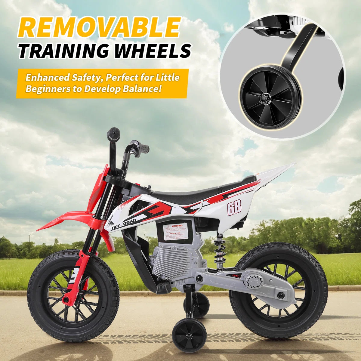 Alex 12V Kids Ride-On Dirt Bike with Training Wheels, Bluetooth, Music & Suspension – Red