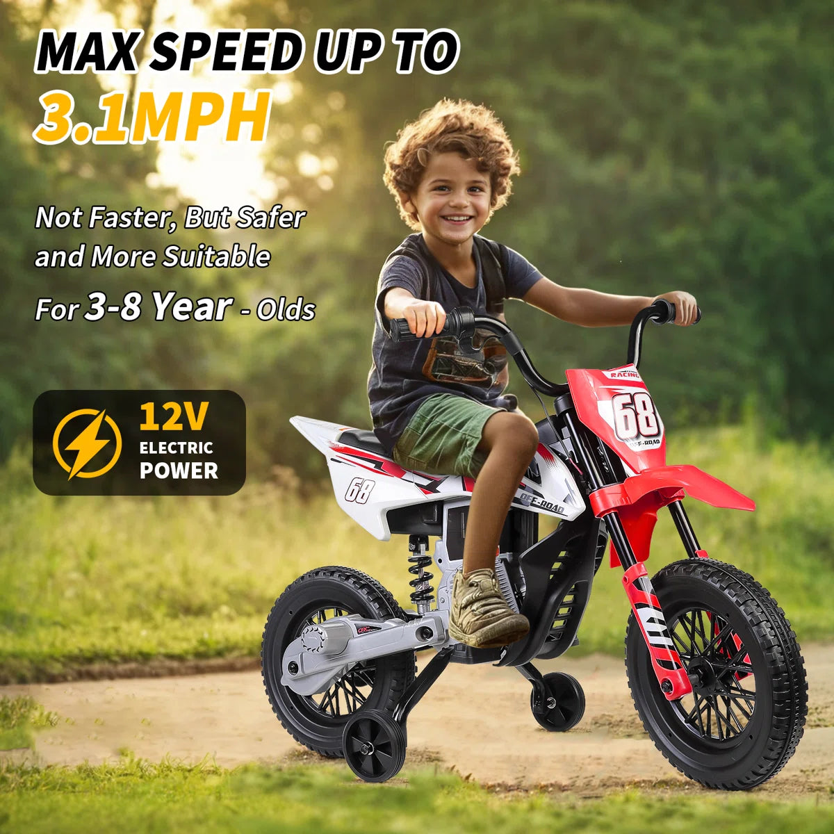 Alex 12V Kids Ride-On Dirt Bike with Training Wheels, Bluetooth, Music & Suspension – Red