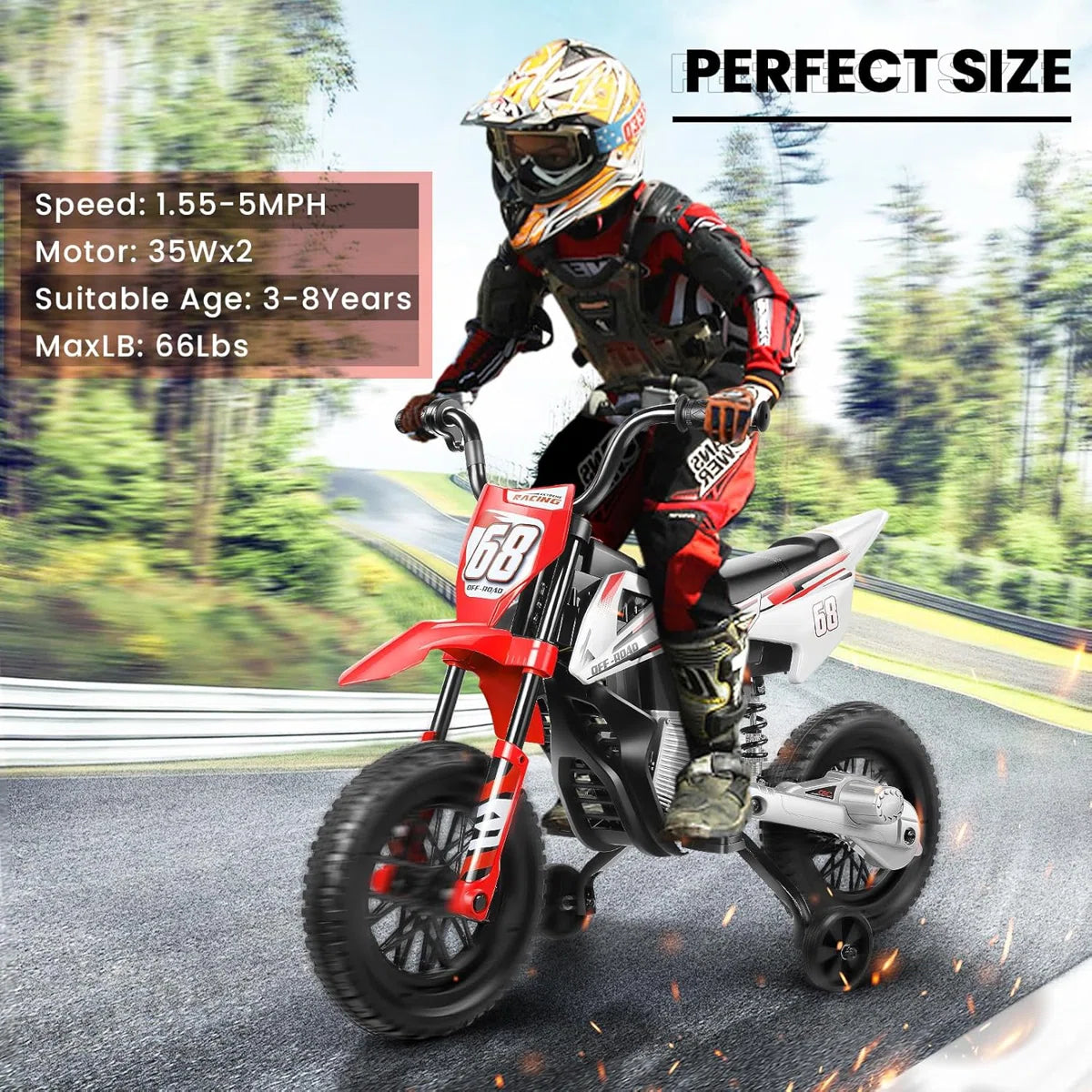 Alex 12V Kids Ride-On Dirt Bike with Training Wheels, Bluetooth, Music & Suspension – Red