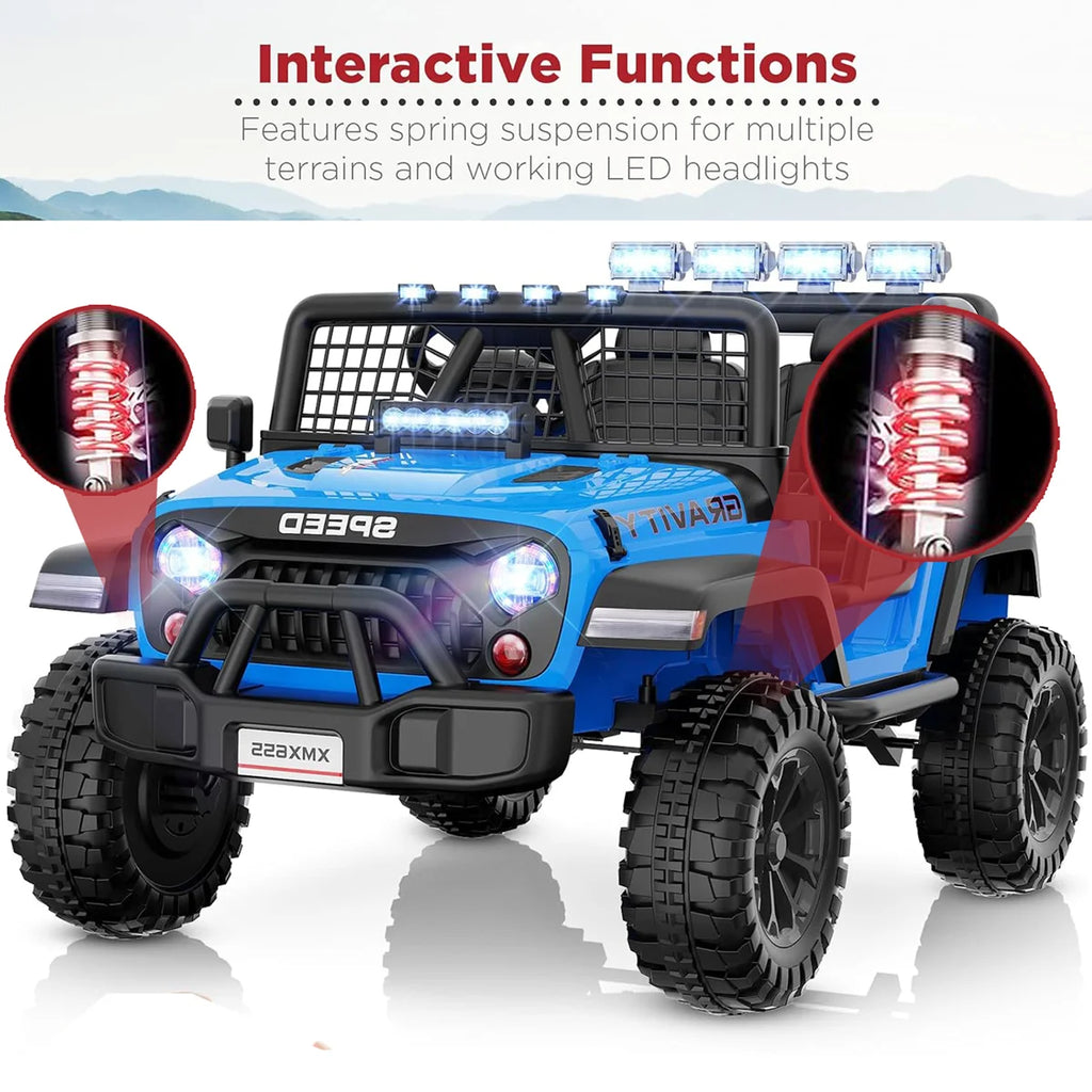 Alex 24V 2-Seater Ride-On Jeep with Remote, LED Lights, Bluetooth, Safety Belt & Suspension – Blue