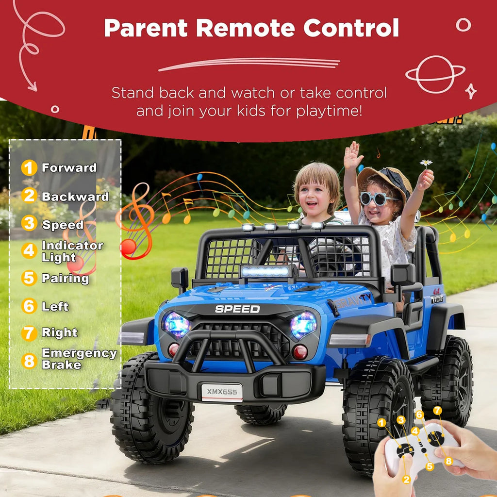 Alex 24V 2-Seater Ride-On Jeep with Remote, LED Lights, Bluetooth, Safety Belt & Suspension – Blue