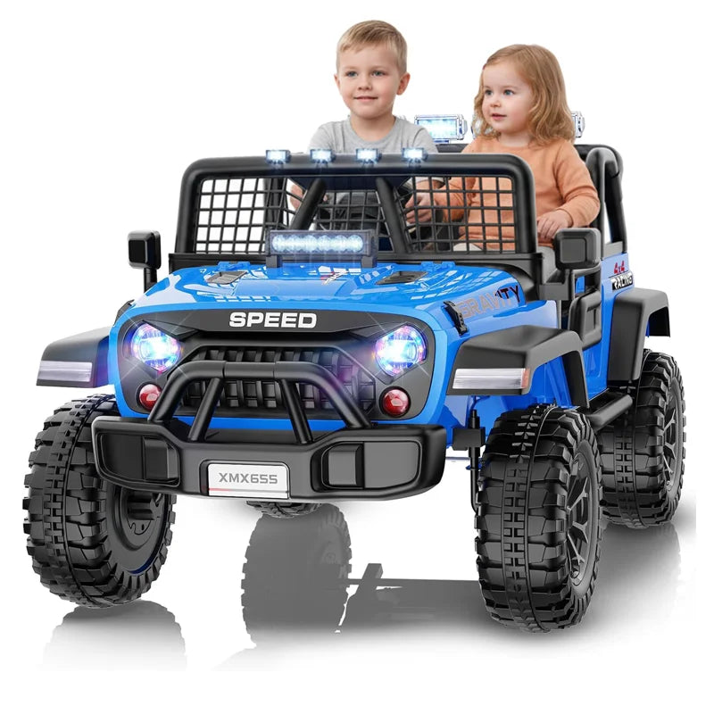 Alex 24V 2-Seater Ride-On Jeep with Remote, LED Lights, Bluetooth, Safety Belt & Suspension – Blue