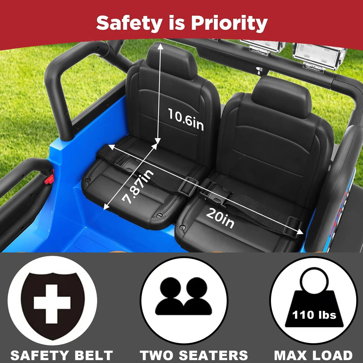 Alex 24V 2-Seater Ride-On Jeep with Remote, LED Lights, Bluetooth, Safety Belt & Suspension – Blue