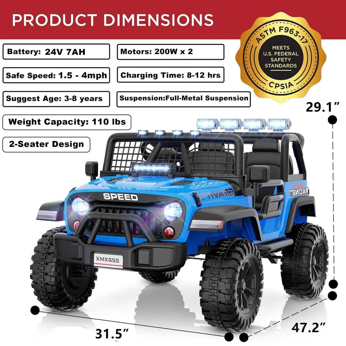 Alex 24V 2-Seater Ride-On Jeep with Remote, LED Lights, Bluetooth, Safety Belt & Suspension – Blue