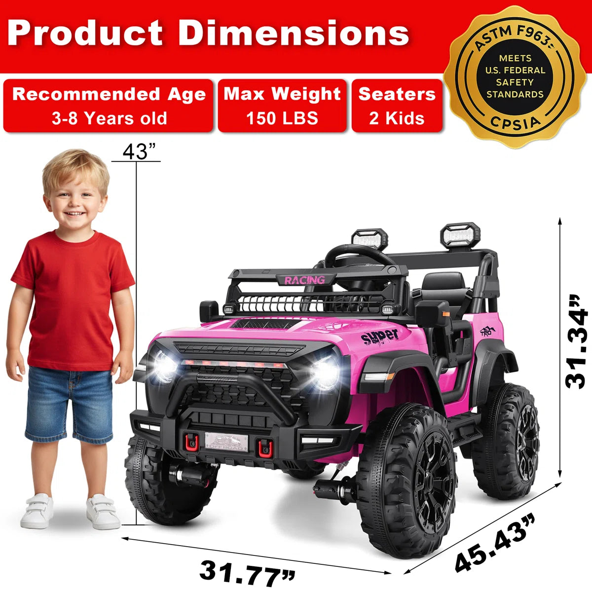 Alex Pink 24V 2-Seater Ride-On Jeep for Kids, 4WD/2WD, Remote Control, 4×100W Motors, LED Lights & Music Player