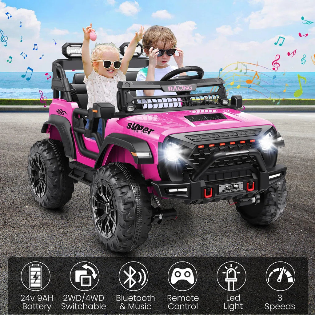 Alex Pink 24V 2-Seater Ride-On Jeep for Kids, 4WD/2WD, Remote Control, 4×100W Motors, LED Lights & Music Player