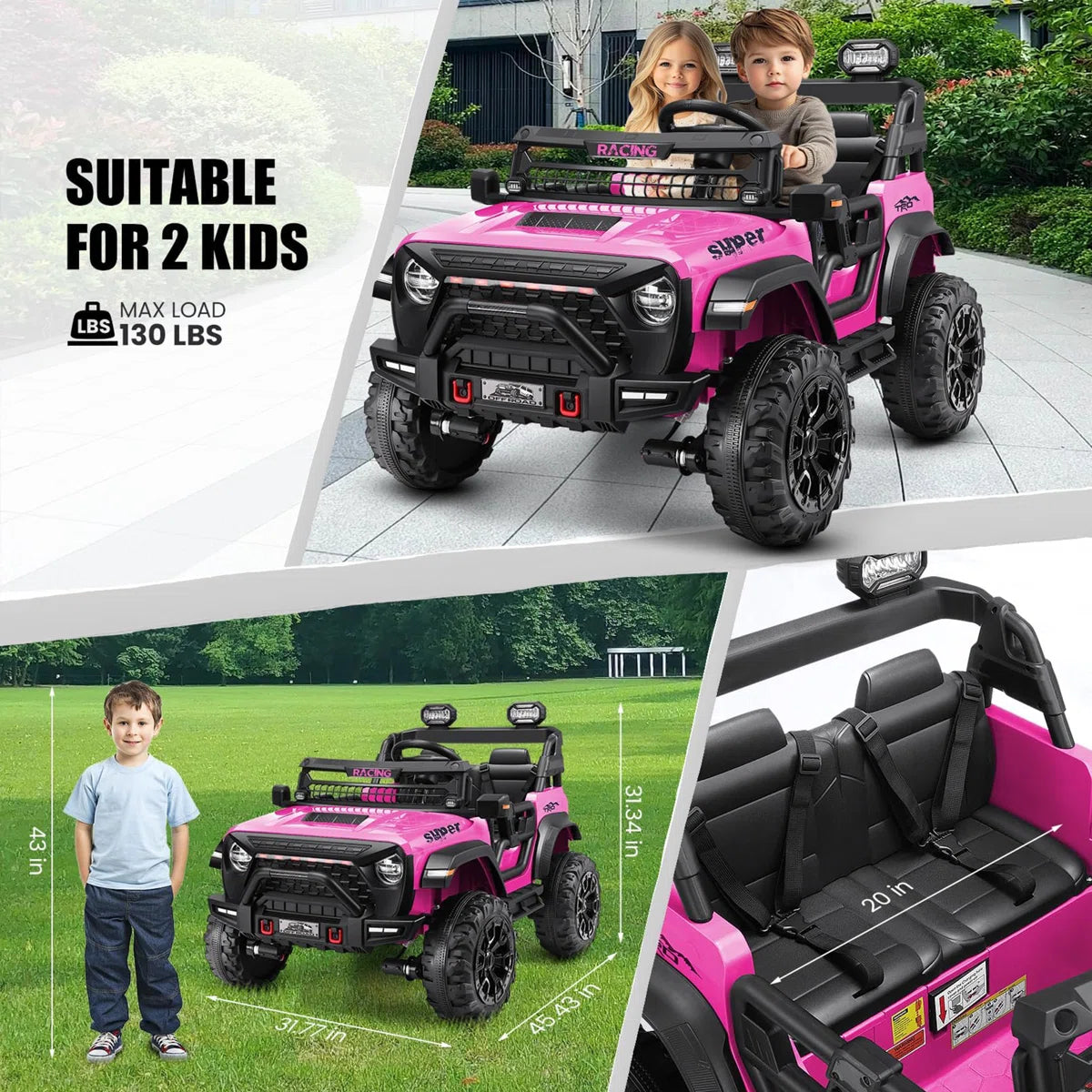 Alex Pink 24V 2-Seater Ride-On Jeep for Kids, 4WD/2WD, Remote Control, 4×100W Motors, LED Lights & Music Player