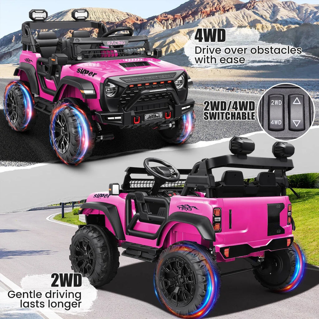 Alex Pink 24V 2-Seater Ride-On Jeep for Kids, 4WD/2WD, Remote Control, 4×100W Motors, LED Lights & Music Player