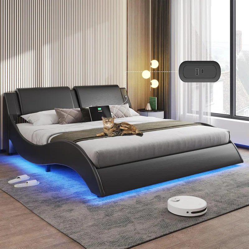 Led+Bed+Frame+With+Charging+Ports+And+Headboard+Modern+Low+Profile+Platform+Bed+Frame+With+Led+Lights+Wave+Like+Curve+Led+Bed+Frame,wood+Slats+Support,easy+Assembly,black-581500982