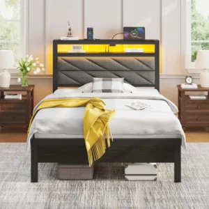 Twin Bed Frame with Headboard, Upholstered Bed with Storage Shelves and Charging Station