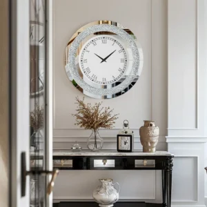 Kindalyn Round Mirrored Wall Clock with Crushed Diamond Inlay